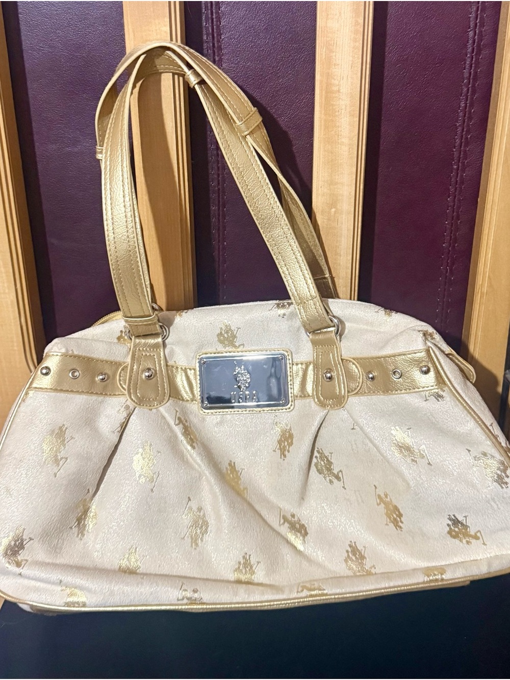 U.S. Polo Assn. Metallic Gold Double Horsemen Satchel Handbag - NWOT